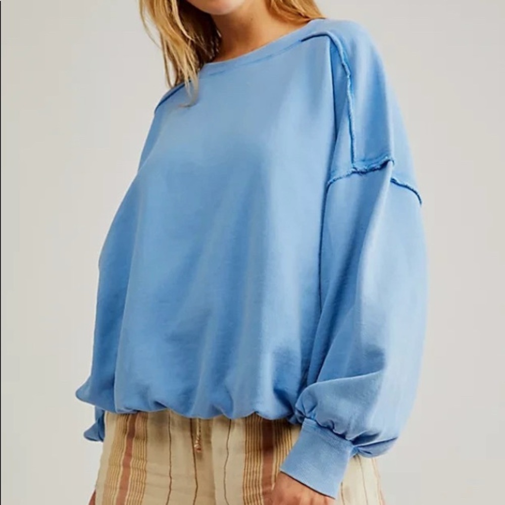 Free People We The Free Bubble Up Pullover Long Sleeve Blue Scoop Neck Top Large